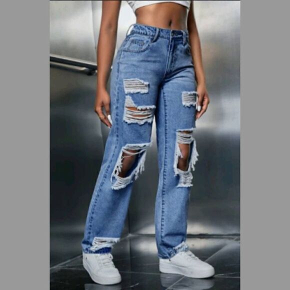 Shein Cut Out Destroyed Distressed Mom Jeans High Rise Sz 2 - Picture 8 of 9